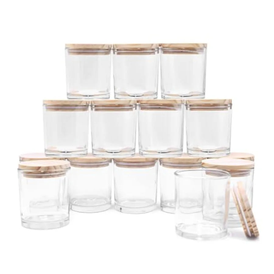 10 oz Thick Glass Candle Jars with Wood Lids, 15-Pack | StriveRiseFit