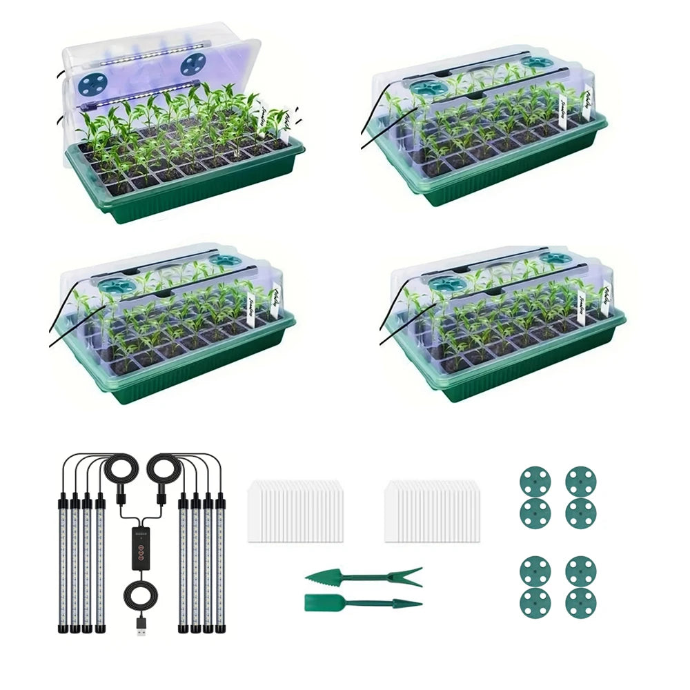 Seed Germination Tray Kit | 4 Sets | 160 Cells | LED Grow Lights & Timer | StriveRiseFit
