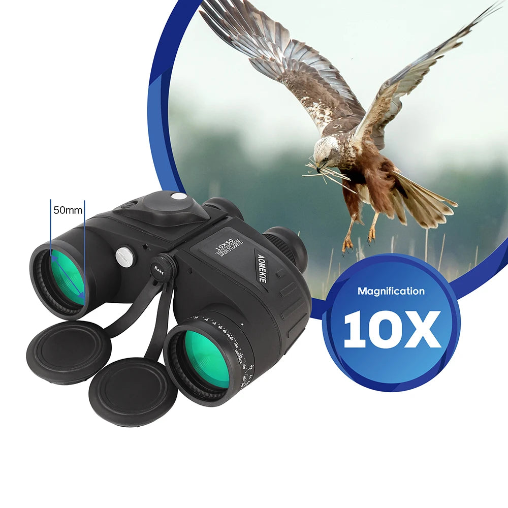 10x50 Marine Binoculars | BAK4 Prism, FMC Lens, Illuminated Compass & Rangefinder, IPX6 Waterproof