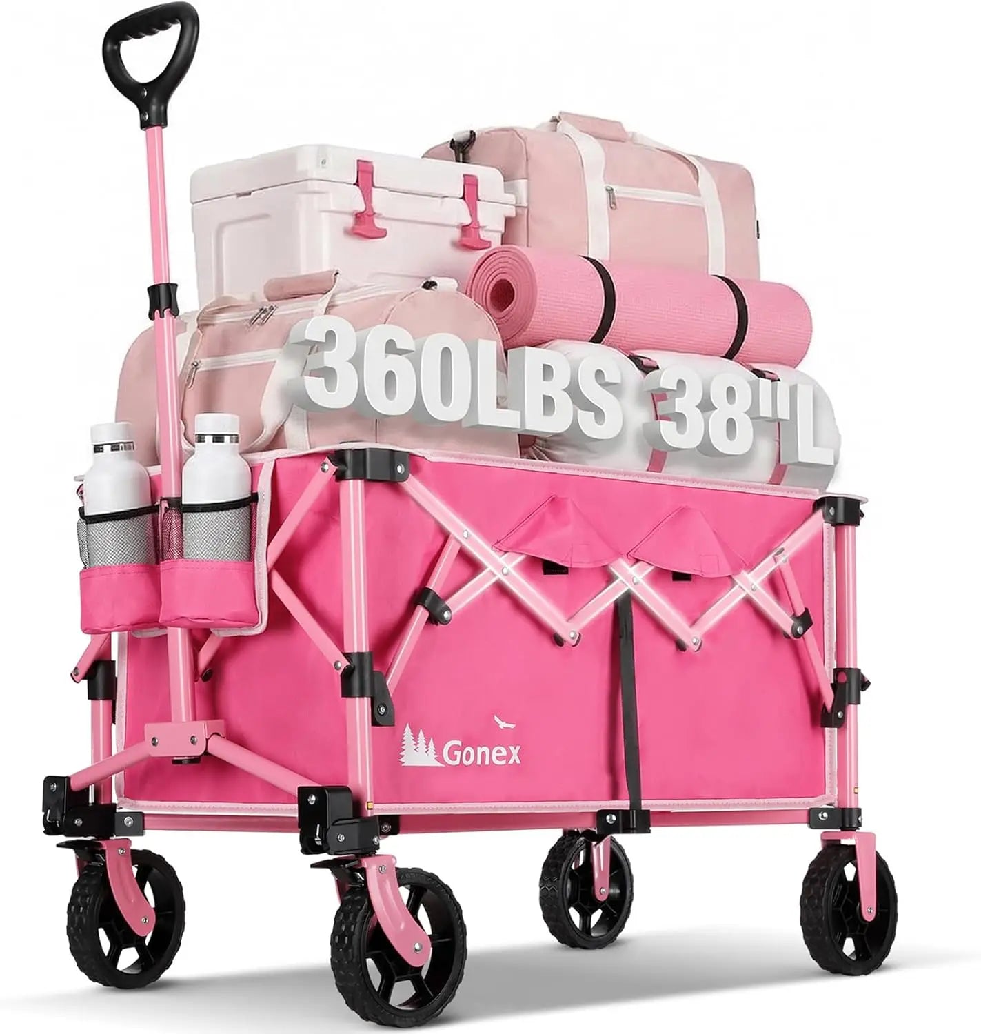 38" Collapsible Wagon Cart, 360 LBS & 220L Capacity, Detachable Wheels, Pink | StriveRiseFit