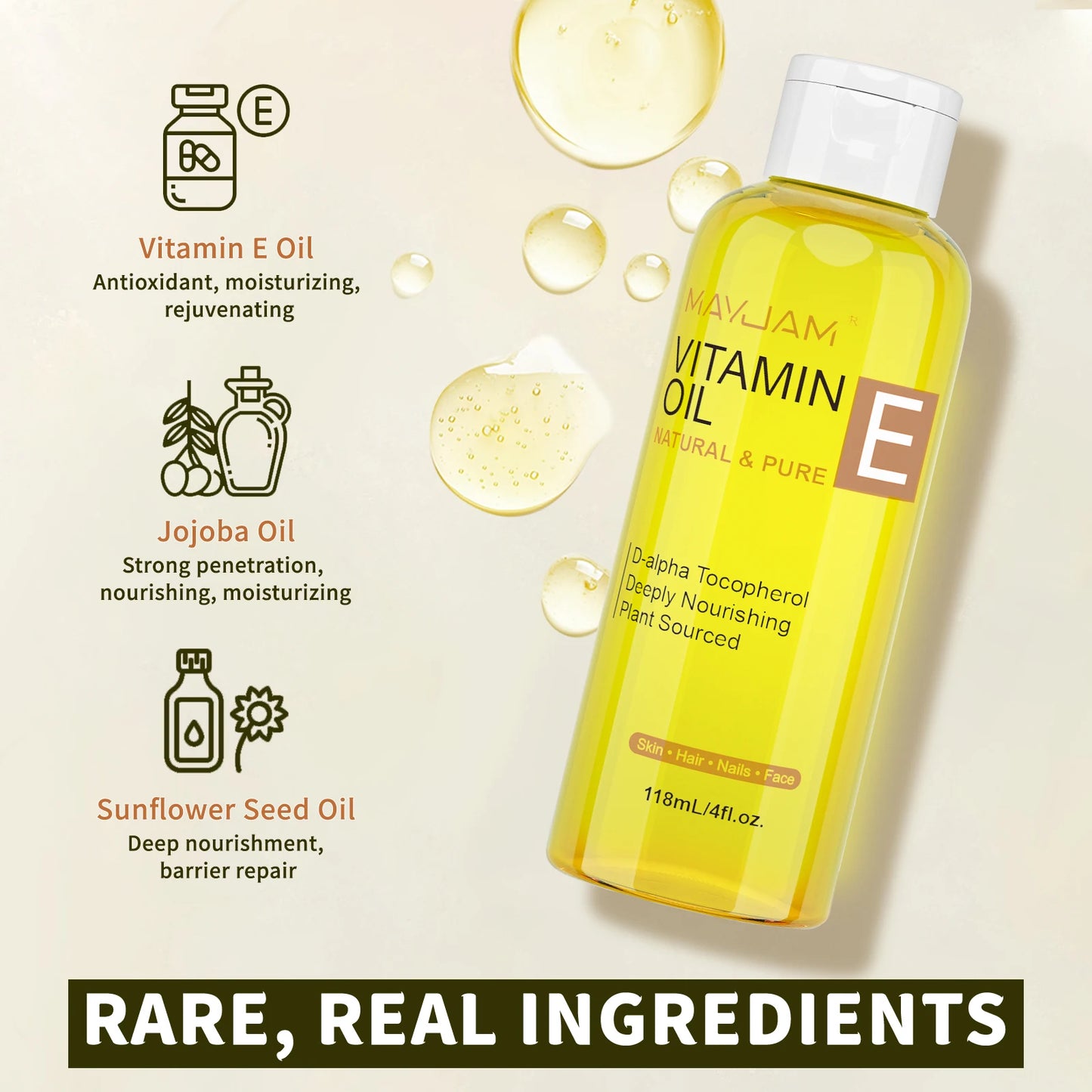 MAYJAM Vitamin E Oil | Pure Plant-Based, 50,000 IU, Face, Skin, Hair & Nails, 118ml & 236ml