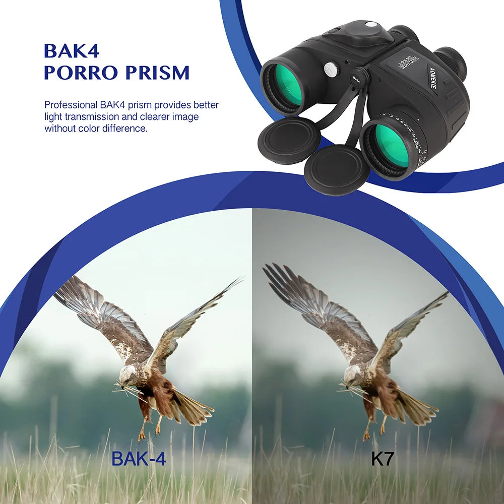 10x50 Marine Binoculars | BAK4 Prism, FMC Lens, Illuminated Compass & Rangefinder, IPX6 Waterproof