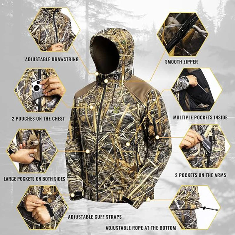 SEO Title: Quiet Hunting Jacket - Softshell Fleece-Lined Camouflage Hoodie Coat for Men | StriveRiseFit