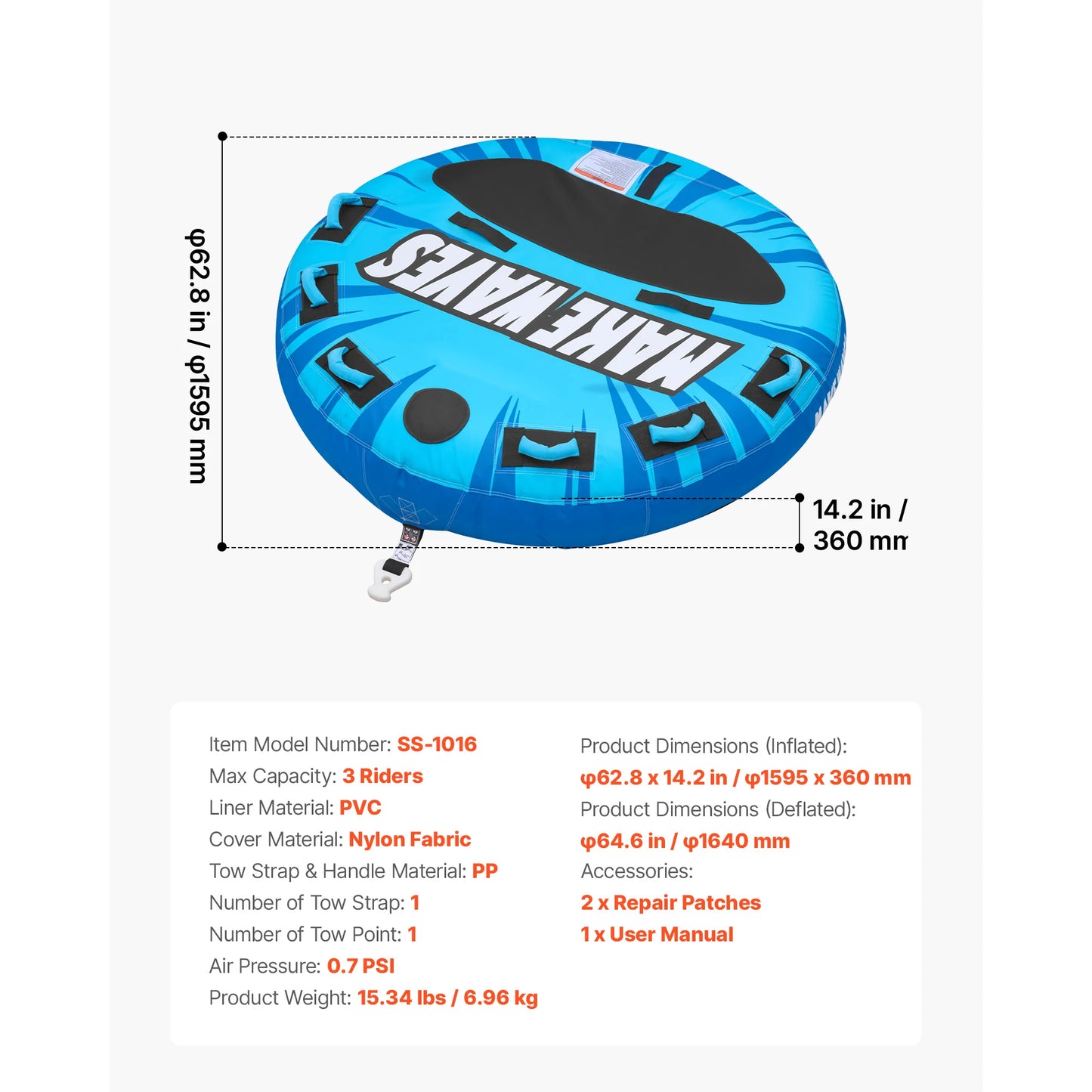 Towable Tubes for Boating 2-4 Person | Inflatable Water Tube with Anti-Slip Pad | StriveRiseFit