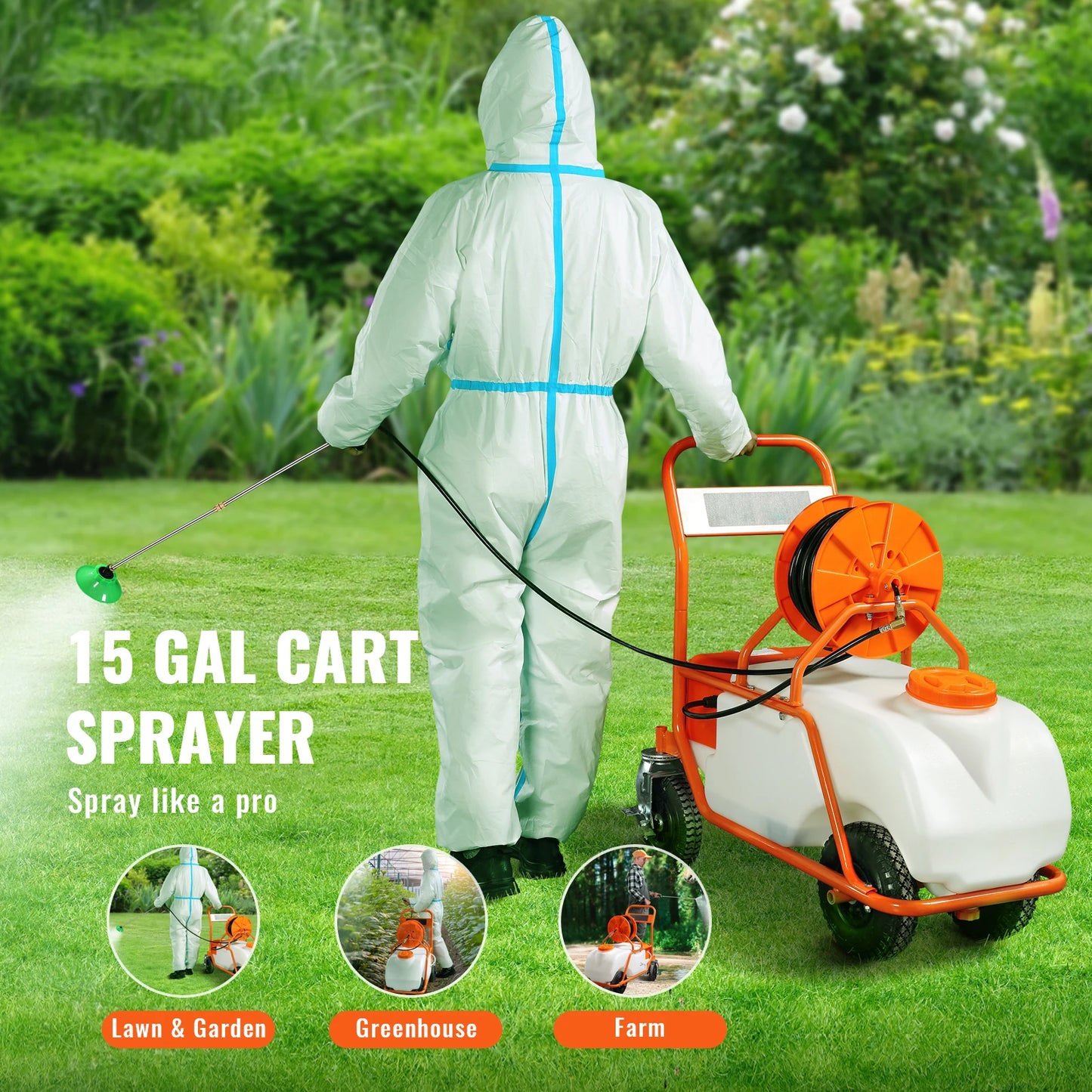15-Gal Battery Powered Garden Sprayer on Wheels | 126ft Hose | 8 Nozzles | StriveRiseFit