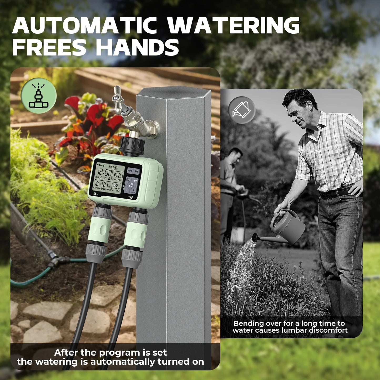 2-Outlet Garden Water Timer | LCD Display | Brass Connectors | StriveRiseFit