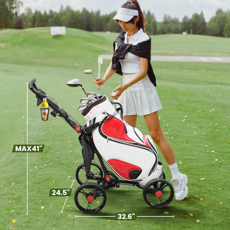 4-Wheel Golf Push Cart, 1-Click Folding, 300 lbs Load Capacity, Large Storage with Cup Holder, Cooler Bag, 10" Durable Wheels