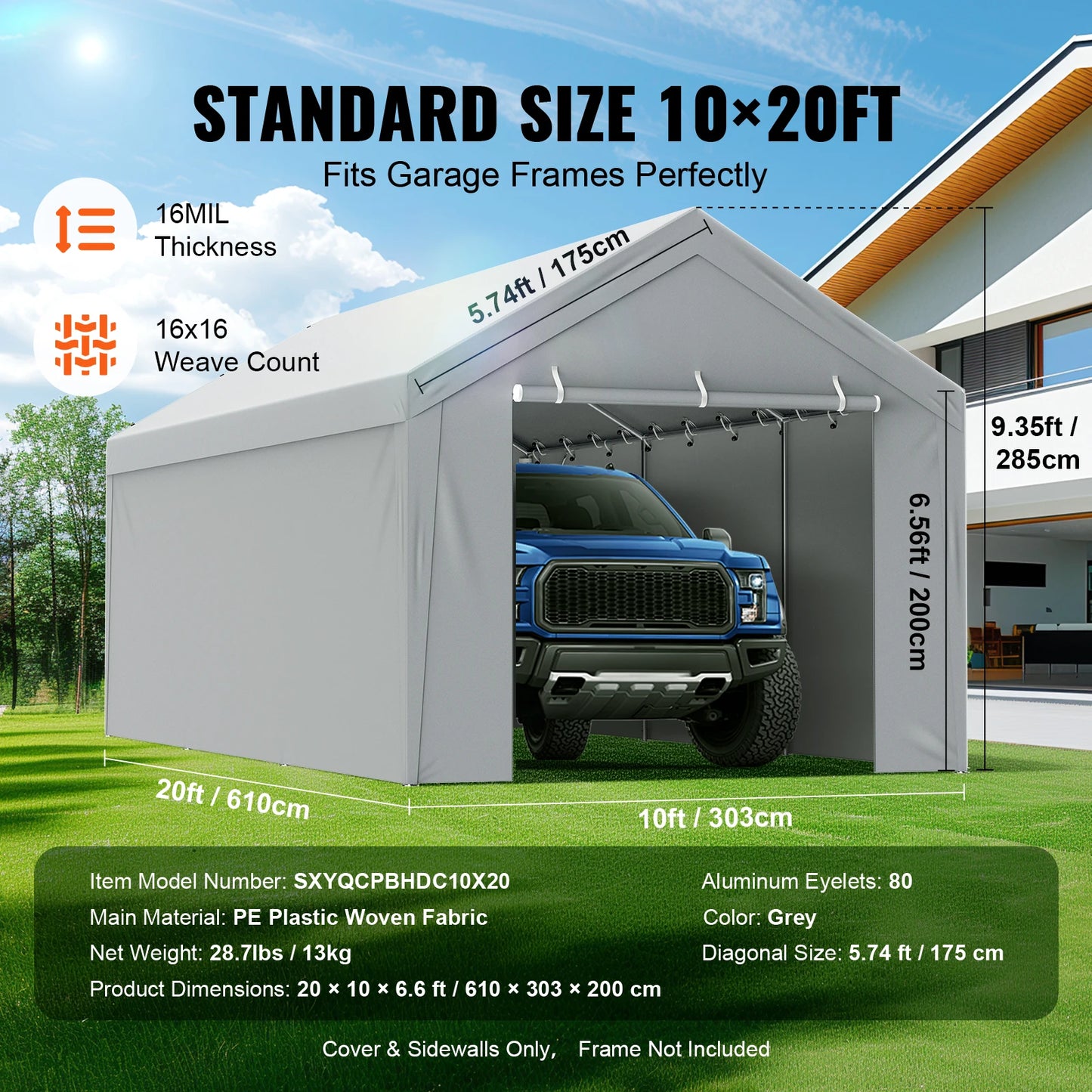 VEVOR 10x20 ft Carport Replacement Canopy Cover — Heavy-Duty Waterproof & UV-Resistant (Frame Not Included)