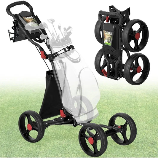 4-Wheel Golf Push Cart, 1-Click Folding, 300 lbs Load Capacity, Large Storage with Cup Holder, Cooler Bag, 10" Durable Wheels