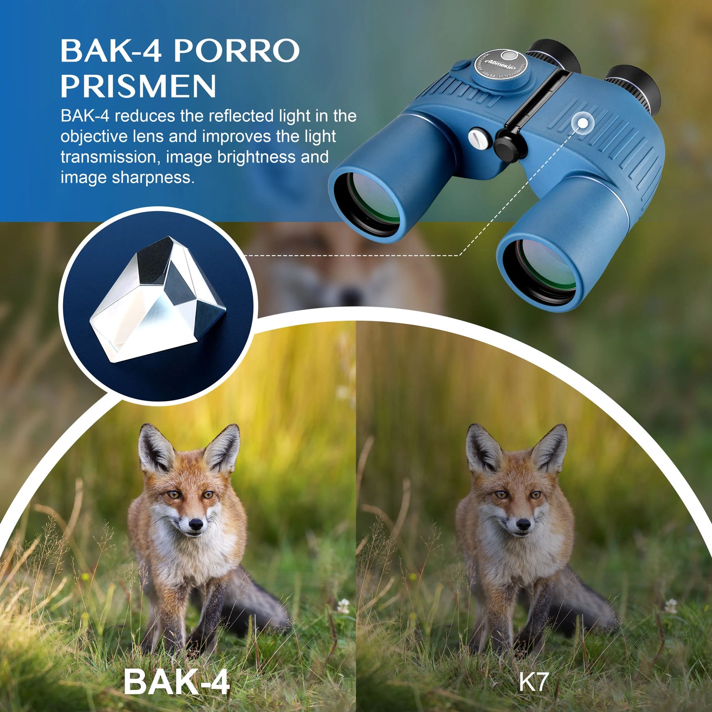 10x50 Marine Binoculars | Blue | IPX7 Waterproof, BAK4 Prism, Illuminated Compass & Rangefinder for Boating & Hunting