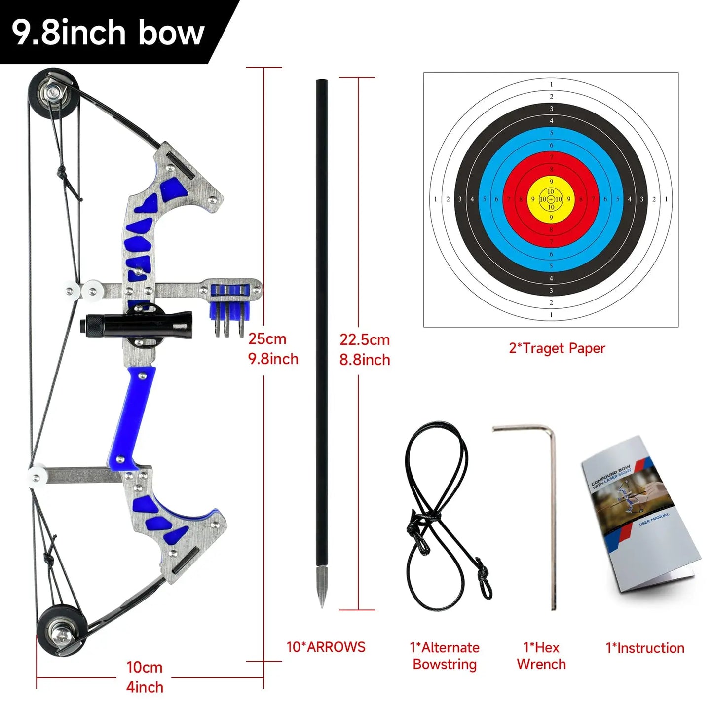 Mini Compound Bow & Arrow Set - Stainless Steel, Left/Right Hand, 5.5" or 9.8"
