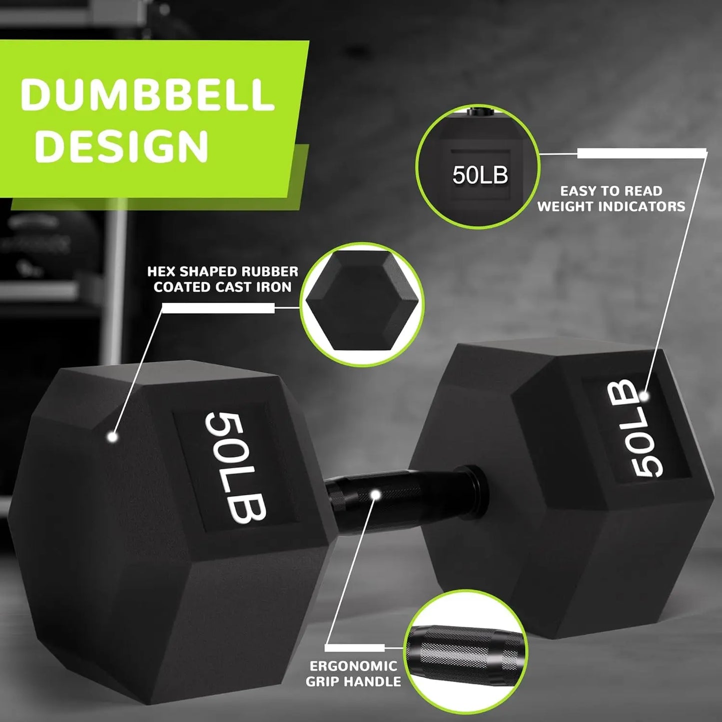 Rubber Encased Exercise & Fitness Hex Dumbbell, Hand Weights with Anti-Slip Metal Handle for Home Gym, Multiple Sizes