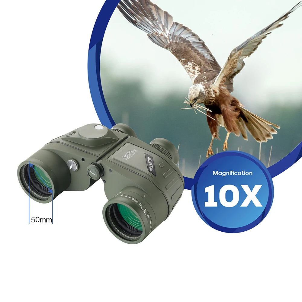 10x50 Marine Binoculars | Green | BAK4 Prism, FMC Lens, Illuminated Compass & Rangefinder, IPX6 Waterproof