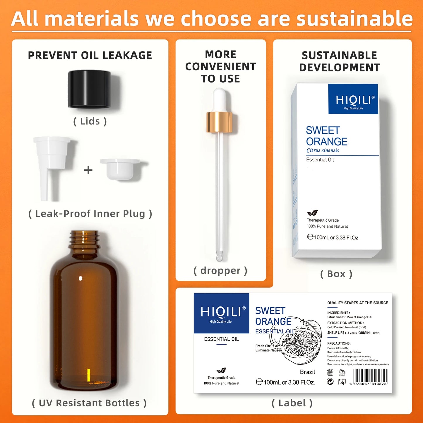HIQILI 100ML Sweet Orange Essential Oils,100% Pure Nature for Aromatherapy, Diffuser, Humidifier, Massage, Fresh Air, Candle