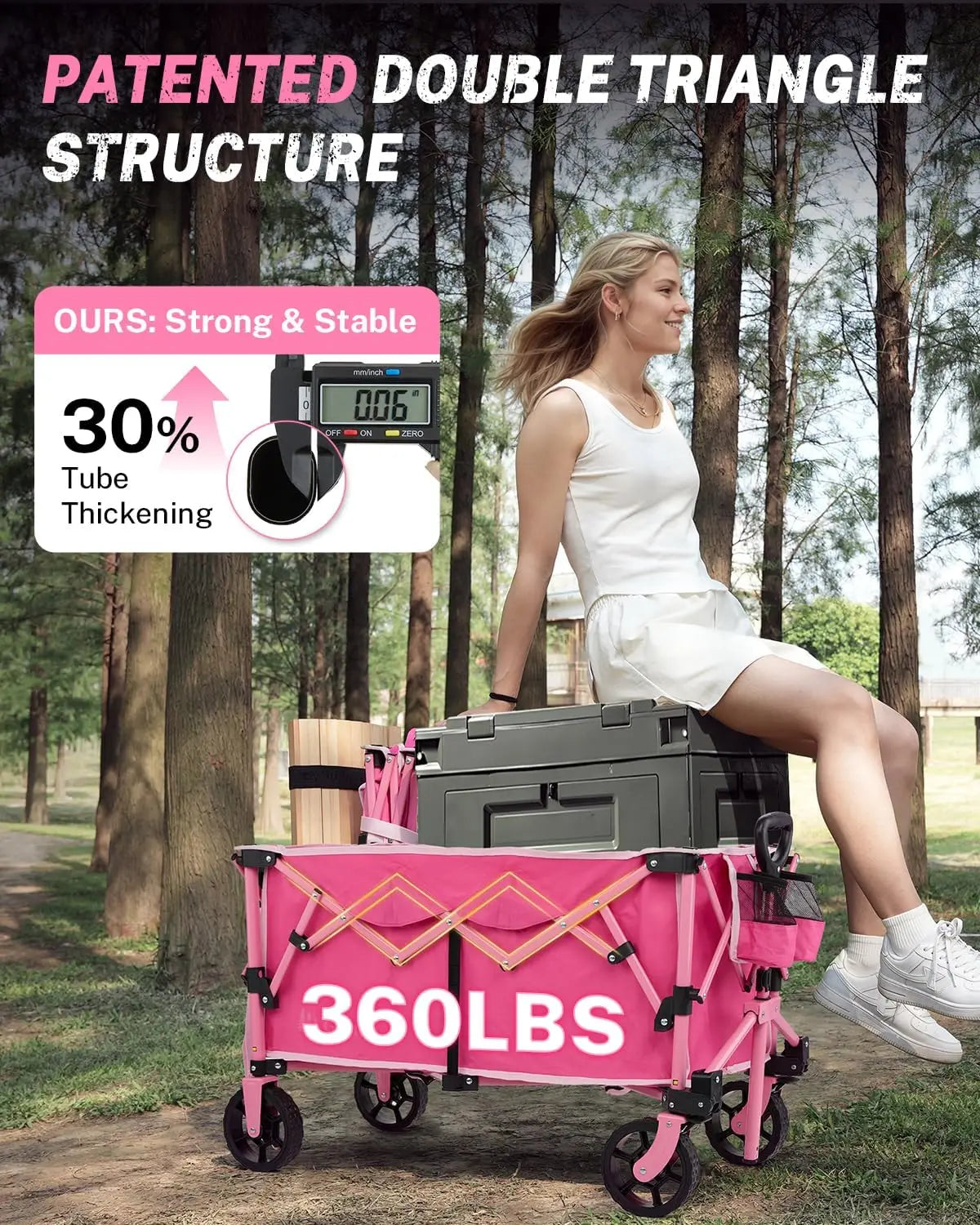 38" Collapsible Wagon Cart, 360 LBS & 220L Capacity, Detachable Wheels, Pink | StriveRiseFit