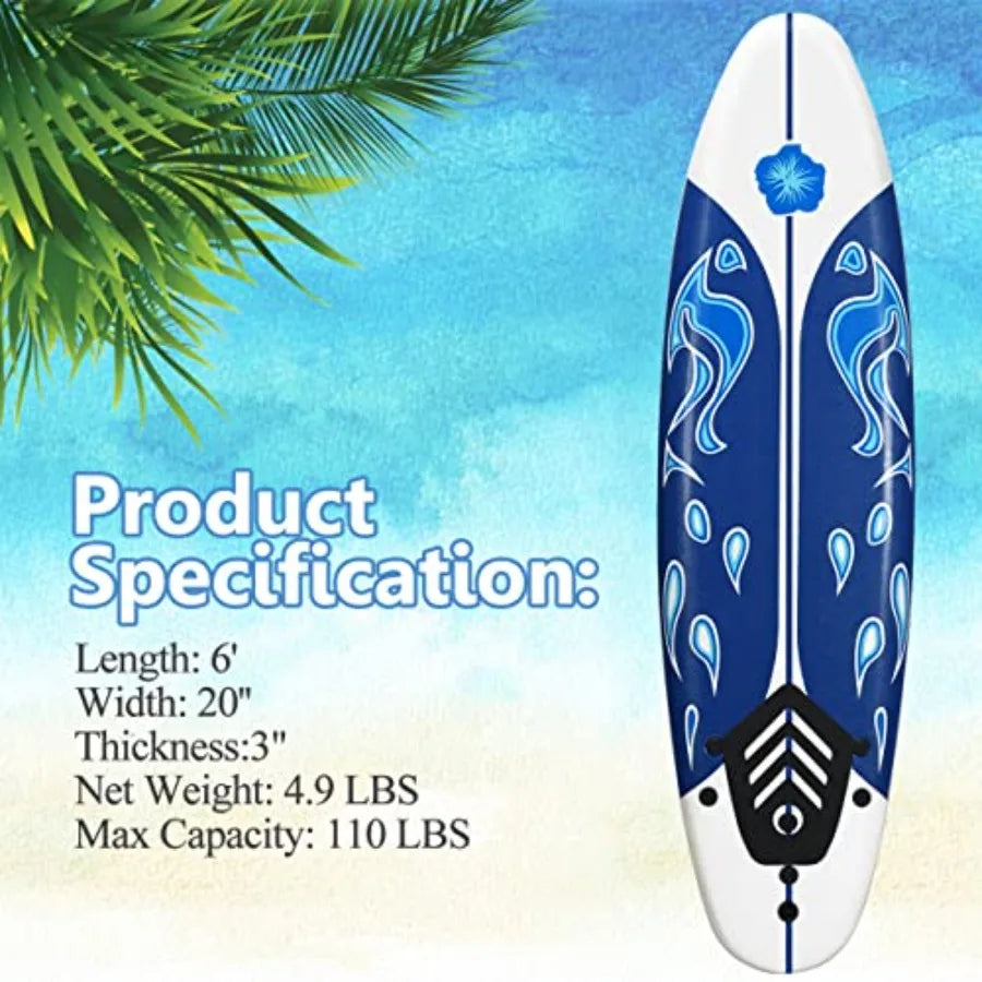 6ft Foam Surfboard for Beginners with Removable Fins Youth & Adult Beginner Surfboard | StriveRiseFit