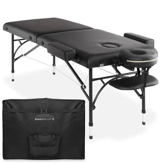 Professional Portable Lightweight Bi-Fold Massage Table with Aluminum Legs - Includes Headrest, Face Cradle, Armrests