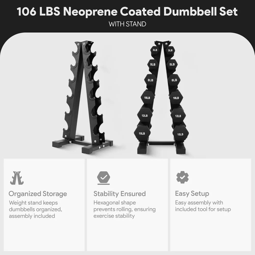 Dumbbell Set with Stand, Neoprene Coated Hand Weights, Home Gym Equipment, Black