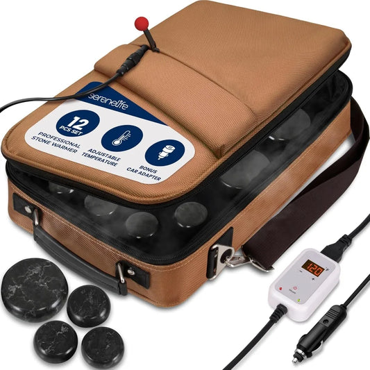 Electric Spa Hot Stones Massager and Heater Kit with 6 Large and 6 Small Round Shaped Basalt Massaging Rocks