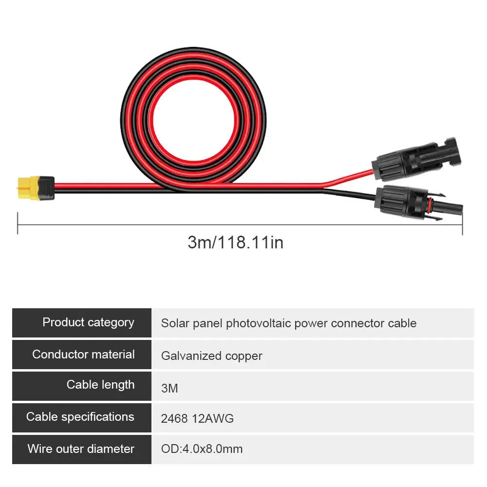 XT60 to Solar Connector Extension Cable — 12AWG, 10 ft (3M), IP67 Waterproof, 300V