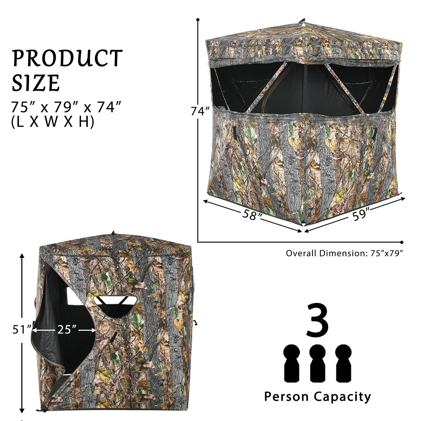 3-Person Pop-Up Hunting Blind Tent | Surround View, Slide Mesh Windows, Camouflage, 75" x 78.5" x 74"