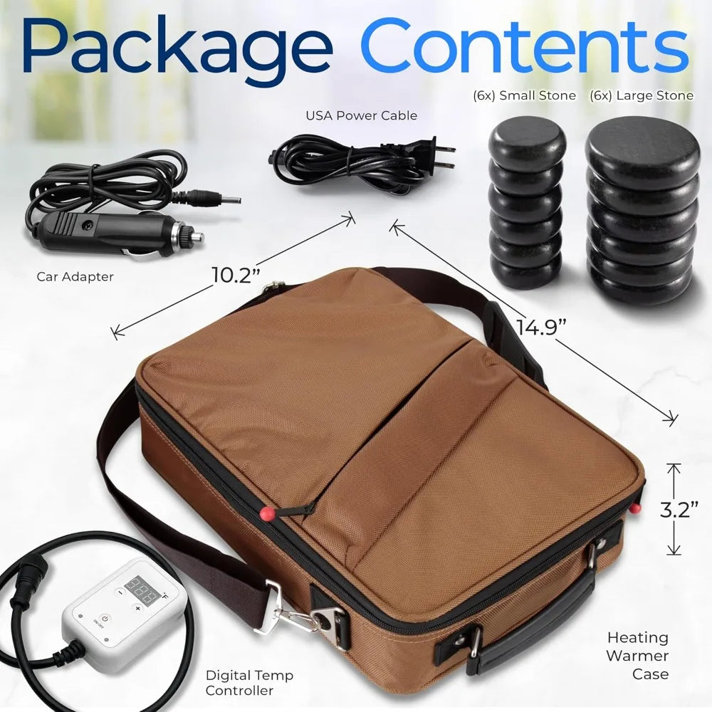 Electric Spa Hot Stones Massager and Heater Kit with 6 Large and 6 Small Round Shaped Basalt Massaging Rocks