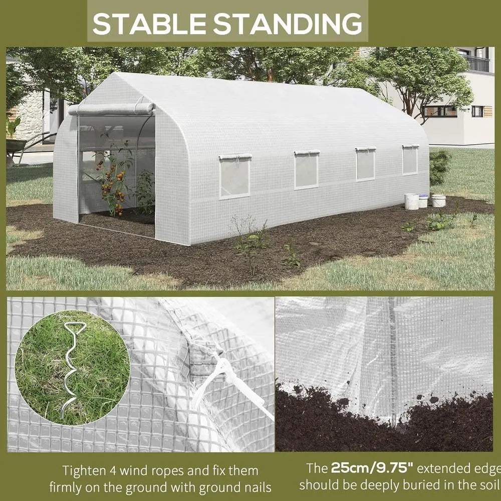 Walk-In Greenhouse 20' x 10' x 7' | Tunnel Style, Galvanized Steel Frame, 140 GSM PE Cover, 6 Windows