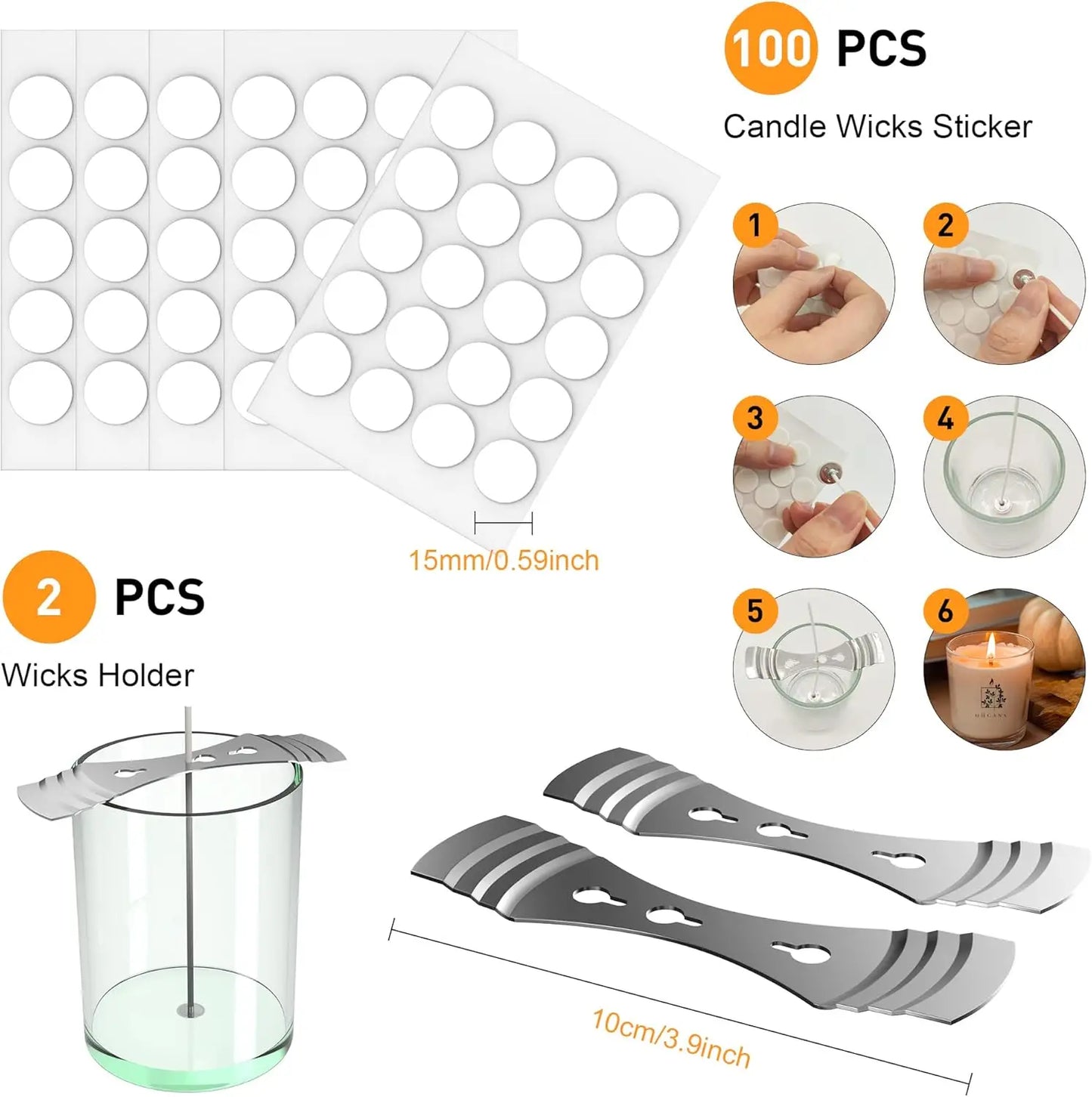 100-Piece 8" Pre-Waxed Cotton Candle Wicks Kit with Stickers & Holders | StriveRiseFit