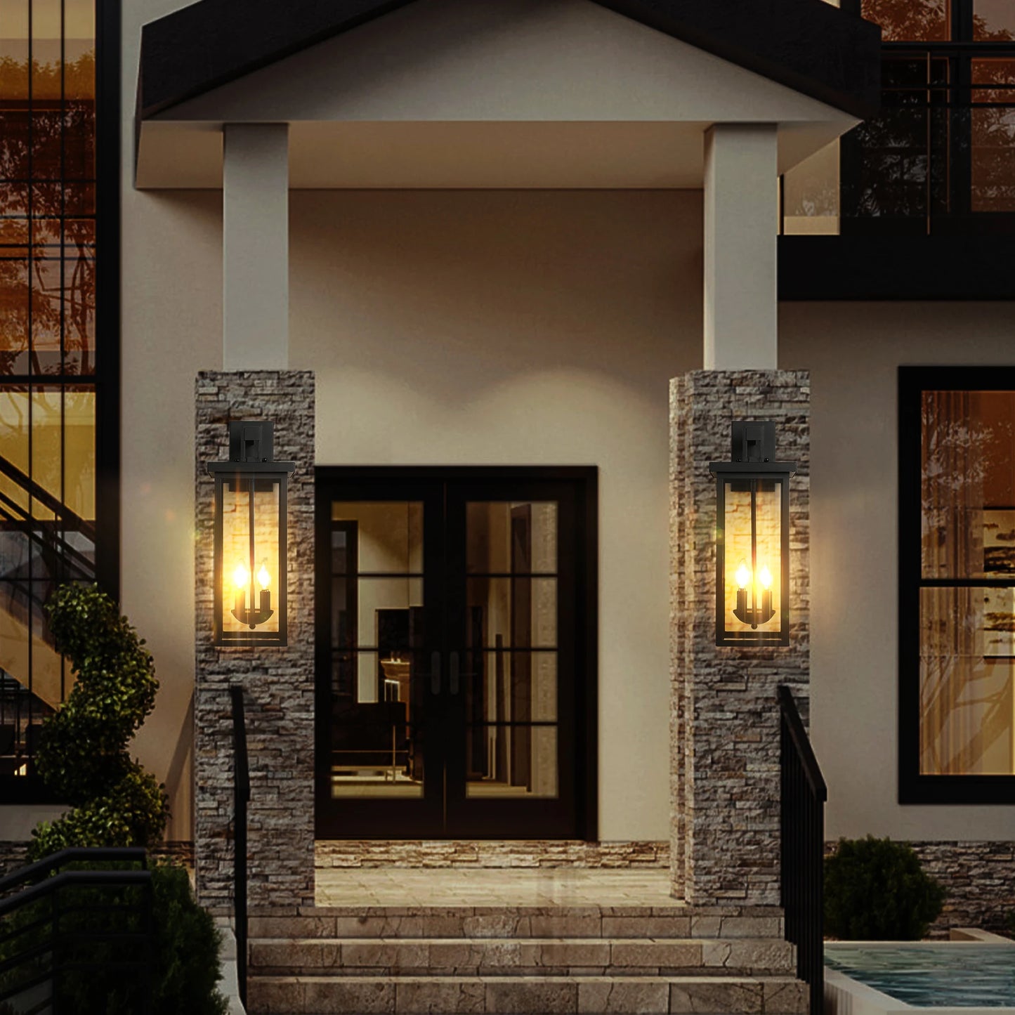 22" Outdoor Wall Lantern | Dusk to Dawn | Matte Black | IP65 | 2-Light | StriveRiseFit