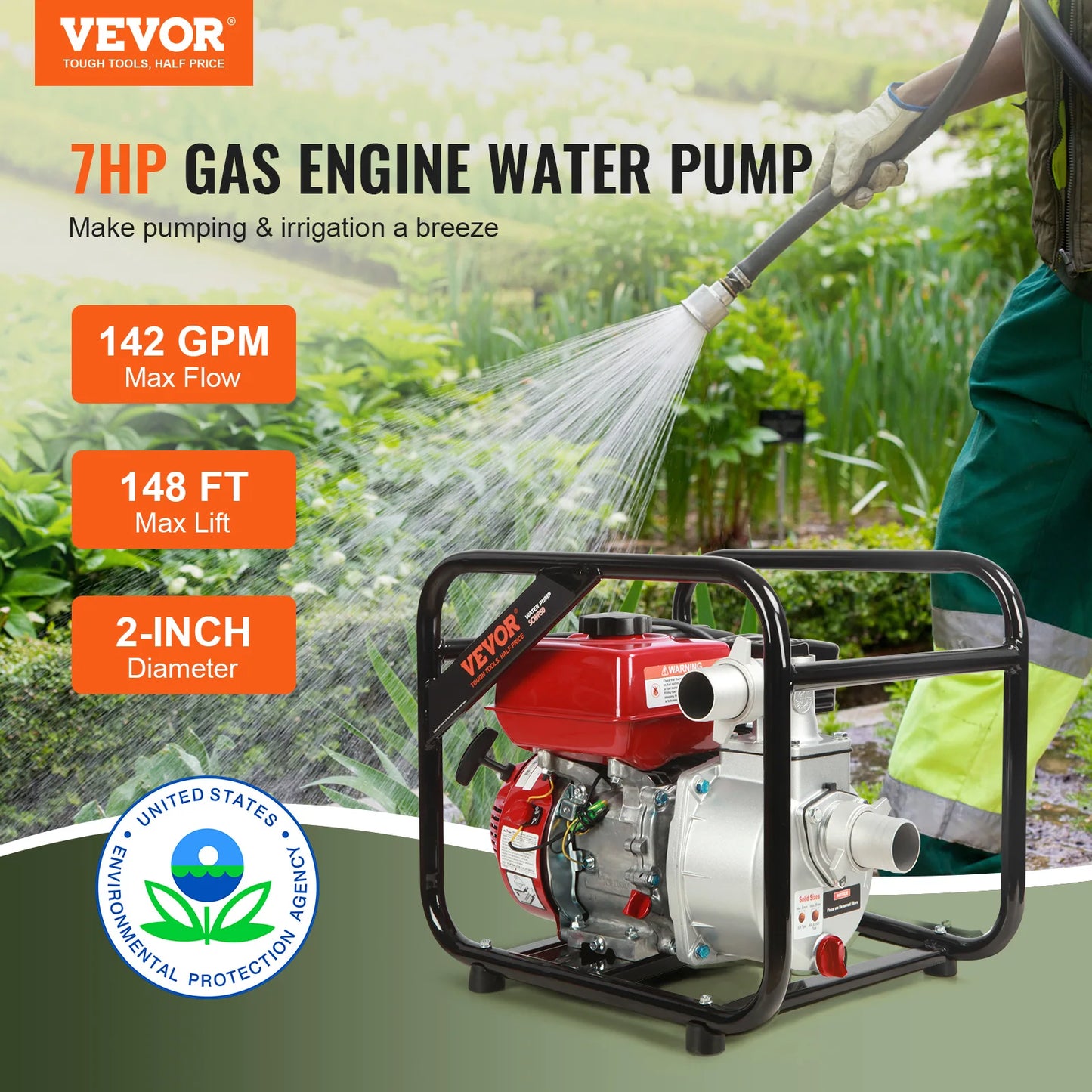 SucceBuy 7HP Gas-Powered Water Pump — 2" & 3" | 142–265 GPM | Self-Priming Transfer Pump