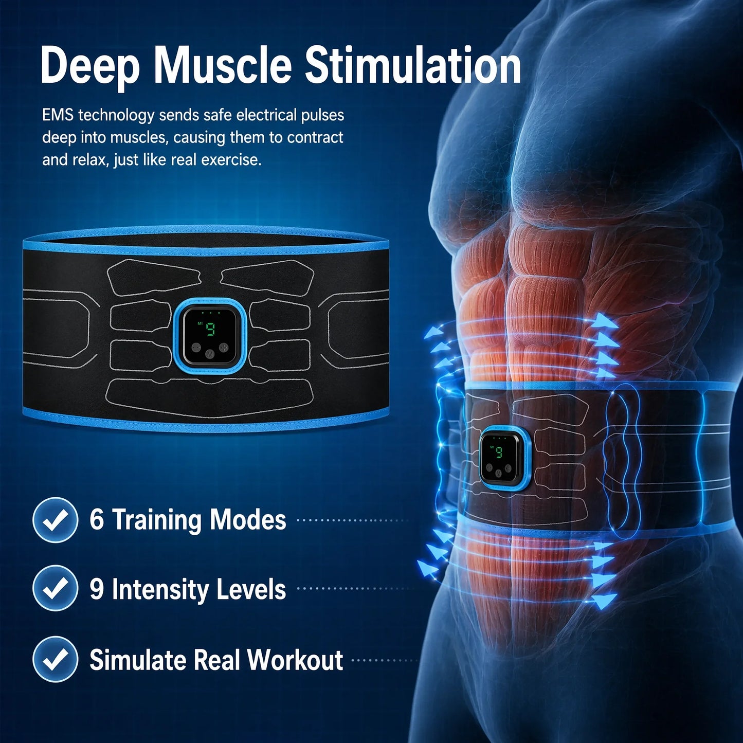 EMS Abdominal Muscle Trainer Belt | 6 Modes, 9 Levels, No Gel | StriveRiseFit
