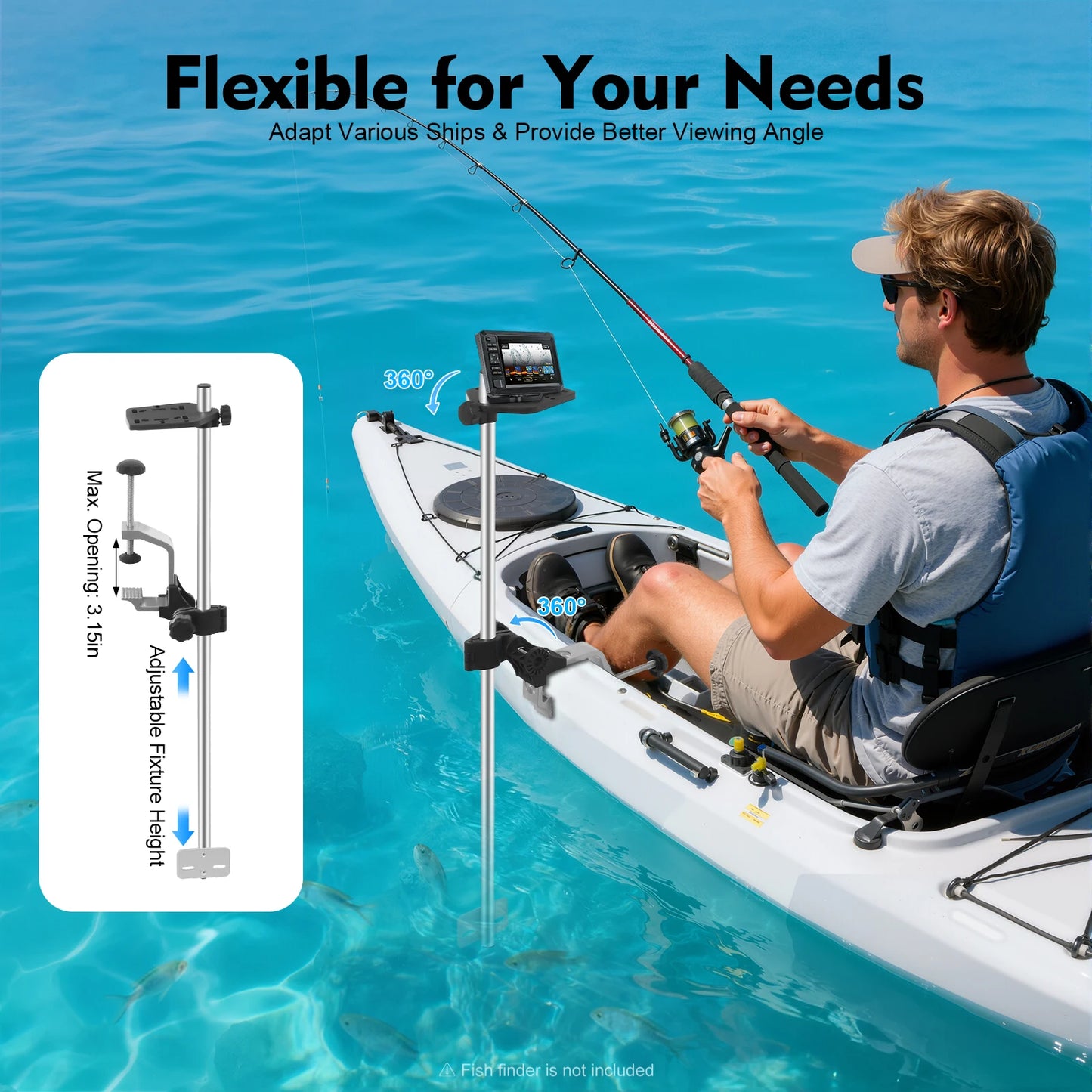 360° Adjustable Transducer Mount | Universal Fish Finder Pole Mount for Boat, Canoe & Kayak