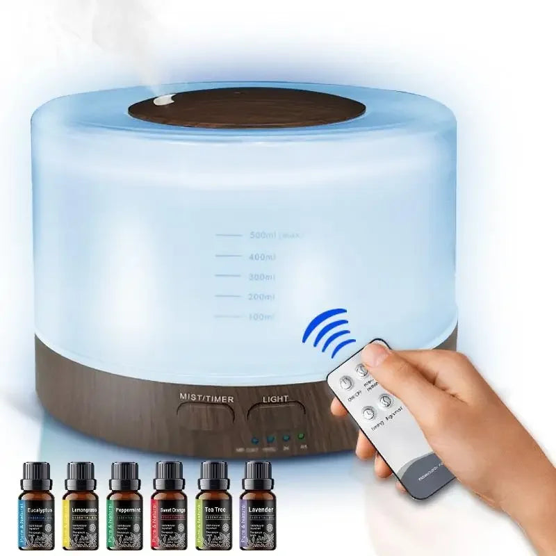 500ml Wood Grain Aromatherapy Diffuser with Remote 7 LED Colors & 6 Essential Oils | StriveRiseFit