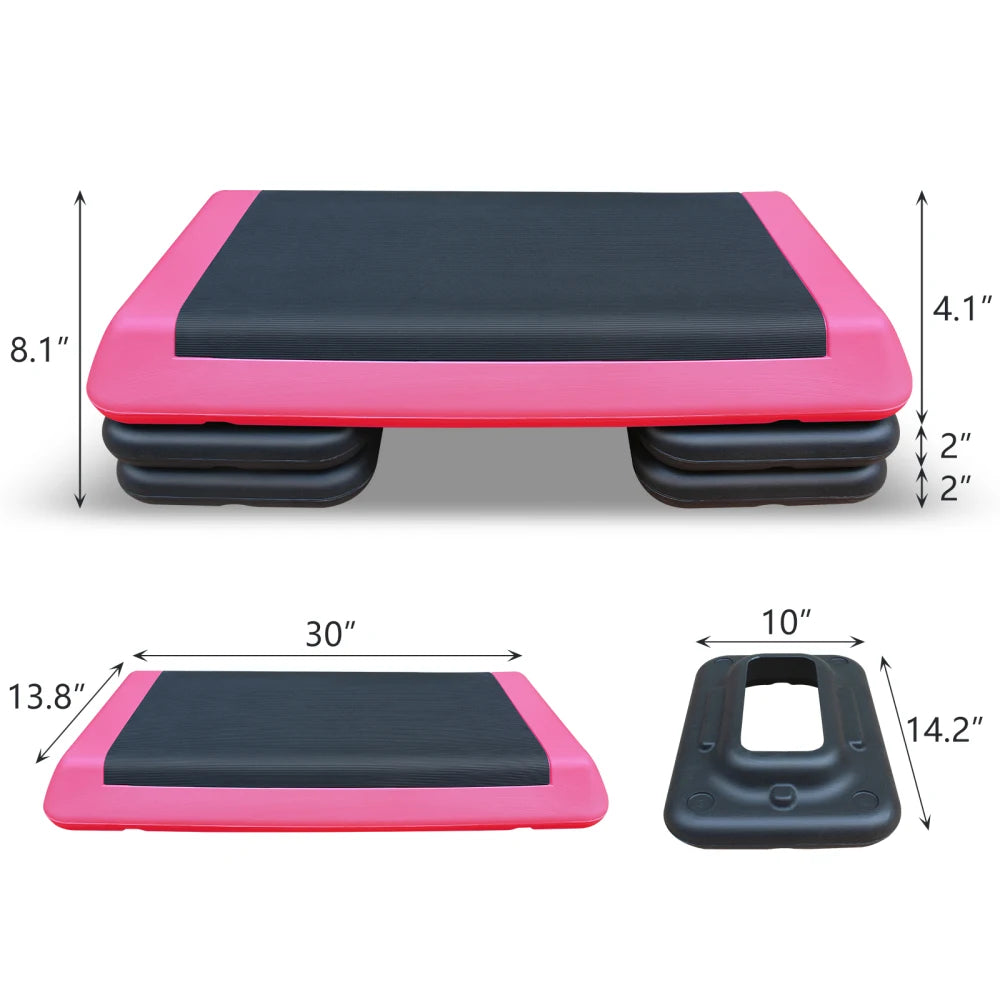 Adjustable Workout Aerobic Stepper, Fitness & Exercise Step Platform, Trainer, Pink Black with 4 Risers