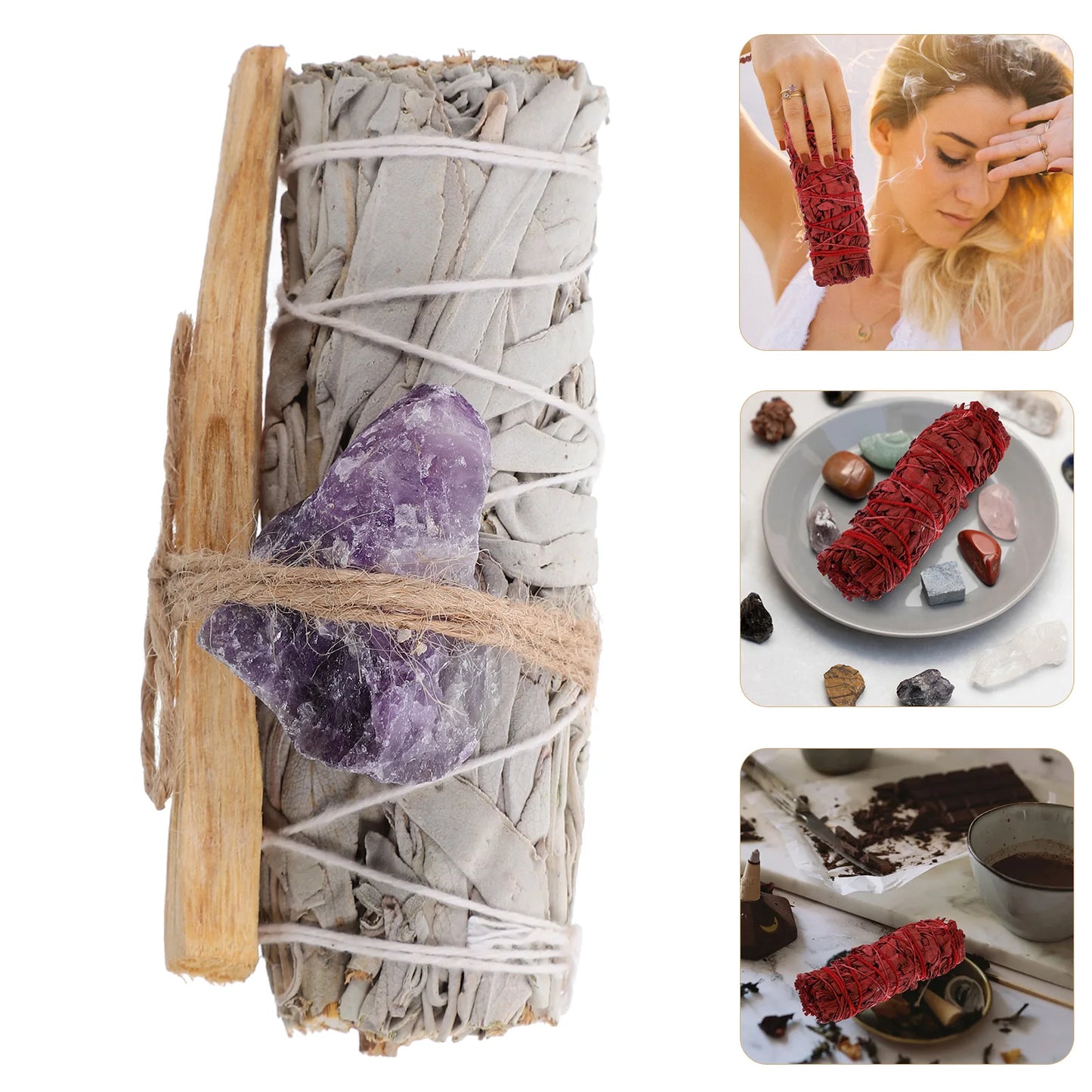 3-Piece Smudging Gift Set Amethyst Crystal Sage Bundle & Holy Wood Stick | StriveRiseFit