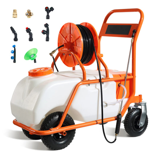 15-Gal Battery Powered Garden Sprayer on Wheels | 126ft Hose | 8 Nozzles | StriveRiseFit