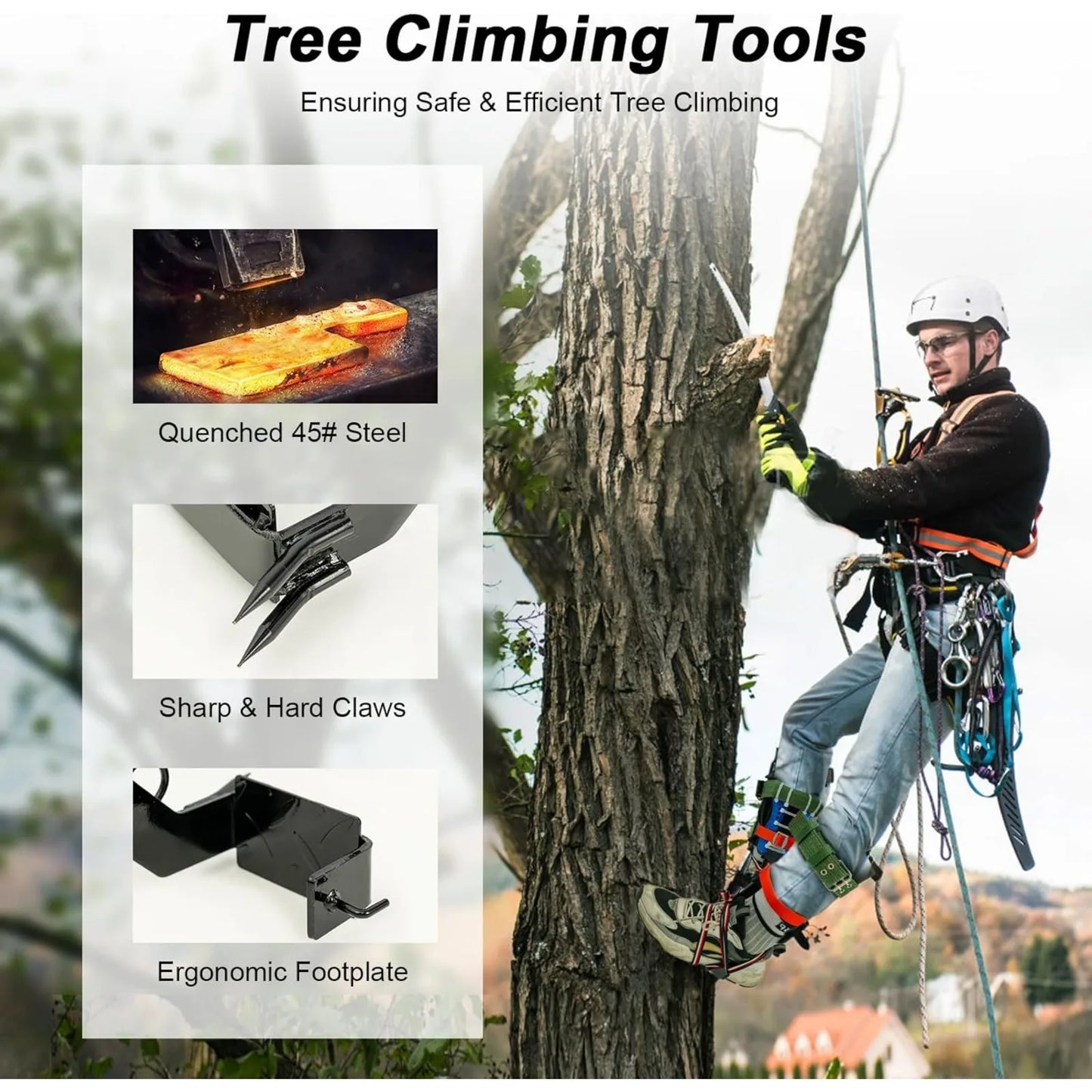 Tree Climbing Spike Set with Safety Belt, Lanyard & Straps - Tree Trimming, Hunting & Fruit Picking