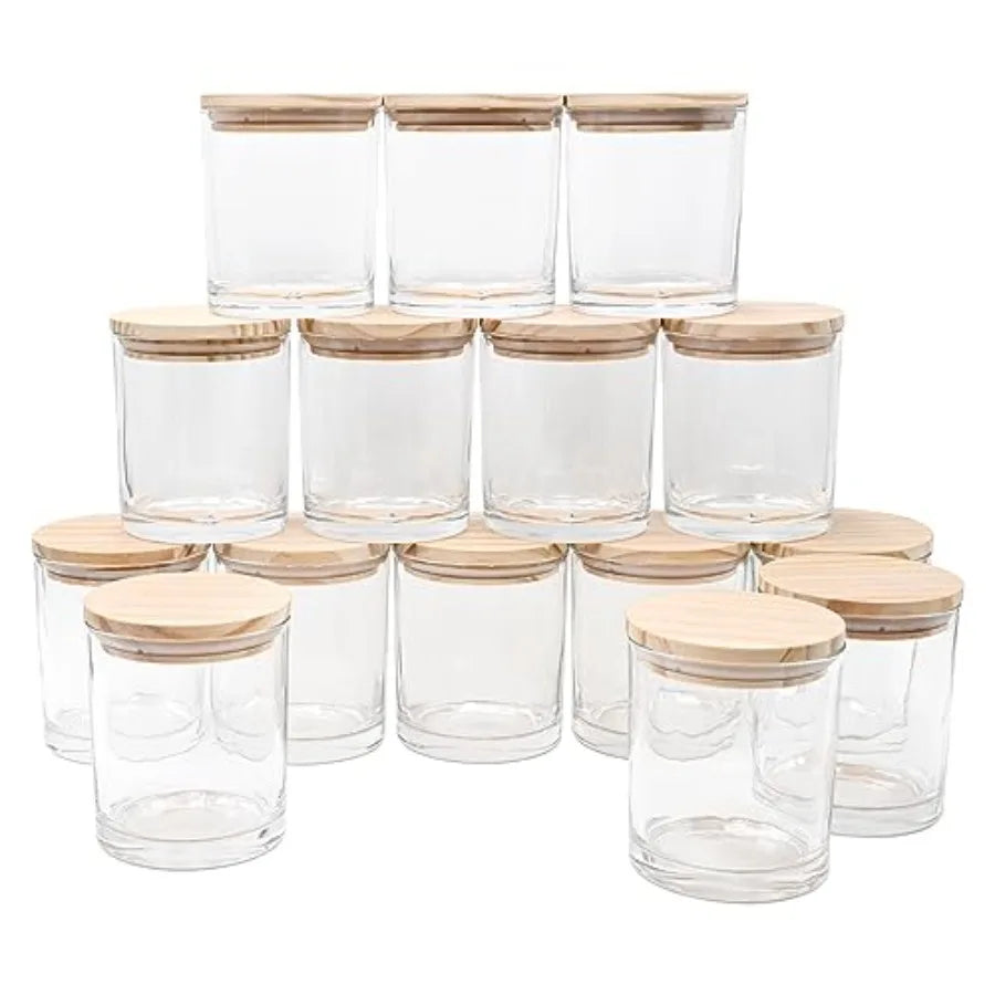 10 oz Thick Glass Candle Jars with Wood Lids, 15-Pack | StriveRiseFit