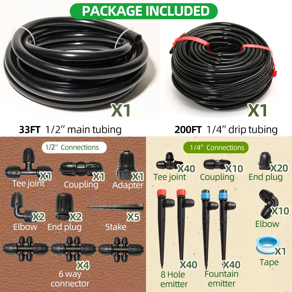 Drip Irrigation System Kit | 33ft + 200ft Tubing | Locked Fittings | StriveRiseFit