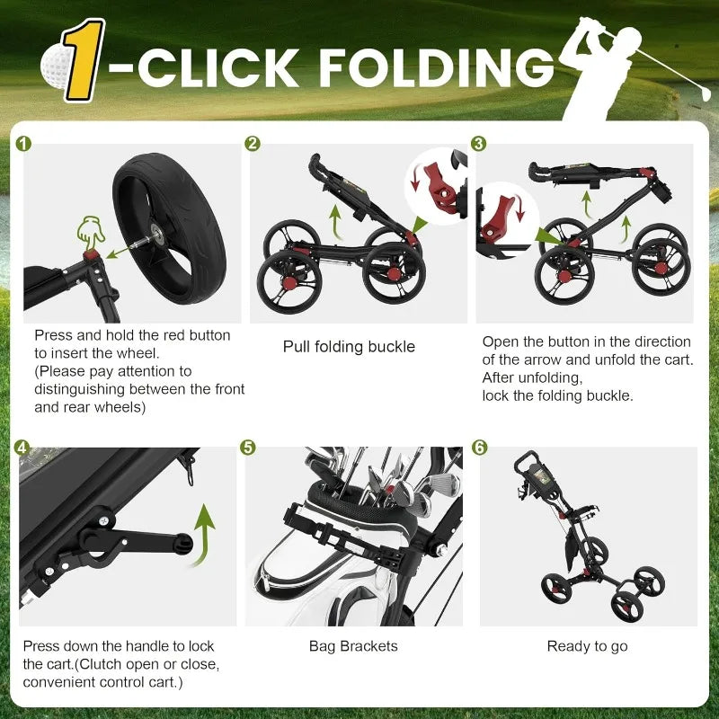 4-Wheel Golf Push Cart, 1-Click Folding, 300 lbs Load Capacity, Large Storage with Cup Holder, Cooler Bag, 10" Durable Wheels