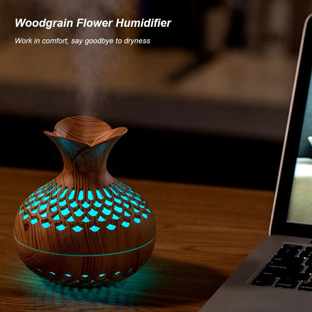 300ML Wood Grain Aromatherapy Humidifier - USB Rechargeable with LED Night Light