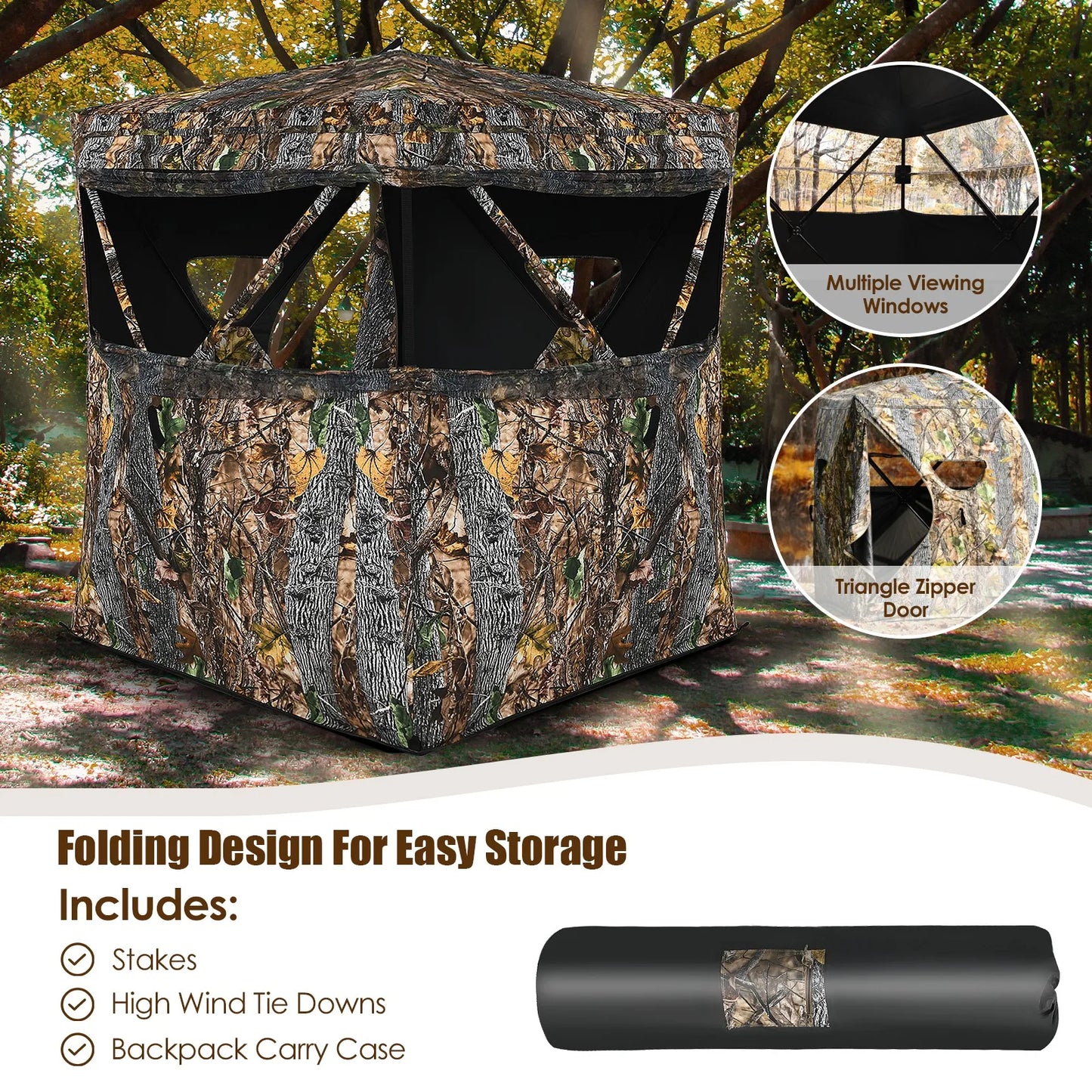 3-Person Pop-Up Hunting Blind Tent | Surround View, Slide Mesh Windows, Camouflage, 75" x 78.5" x 74"