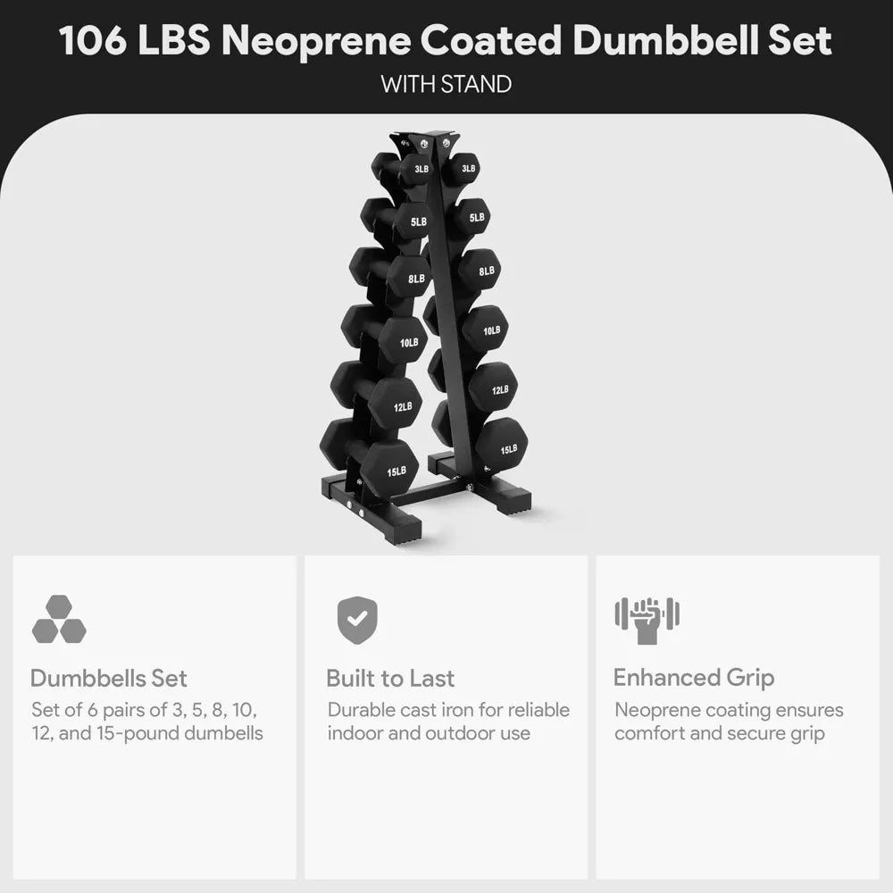 Dumbbell Set with Stand, Neoprene Coated Hand Weights, Home Gym Equipment, Black