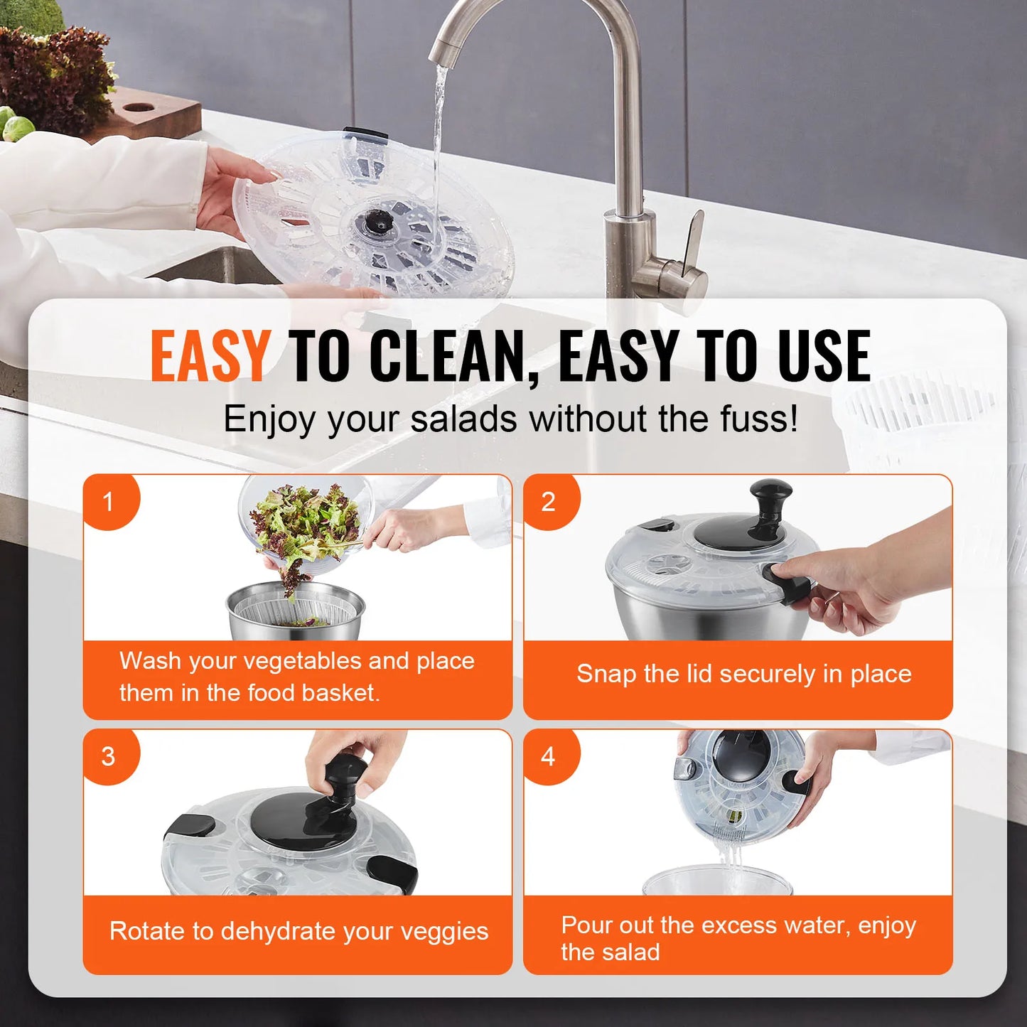 VEVOR Stainless Steel Salad Spinner 4.75Qt - Large Vegetable Dryer