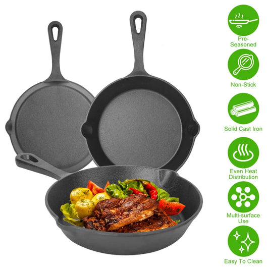 3-Piece Cast Iron Skillet Set 8, 10, 12 Inch - Nonstick Cookware | StriveRiseFit.com
