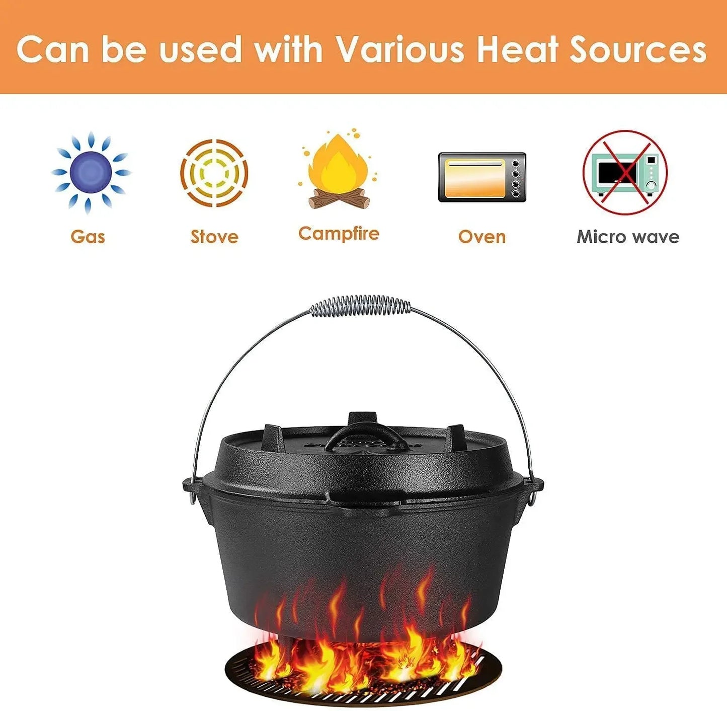 Cast Iron Dutch Oven | 5, 9 & 12.5 Qt Camping Pot with Lid Lifter — Outdoor Cooking, Stew & BBQ