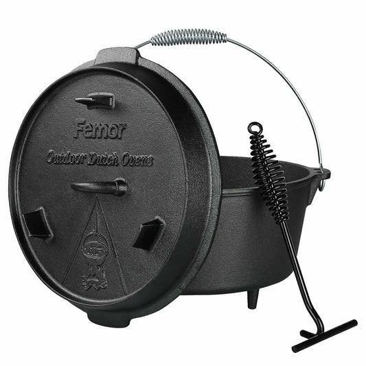 Cast Iron Dutch Oven | 5, 9 & 12.5 Qt Camping Pot with Lid Lifter — Outdoor Cooking, Stew & BBQ