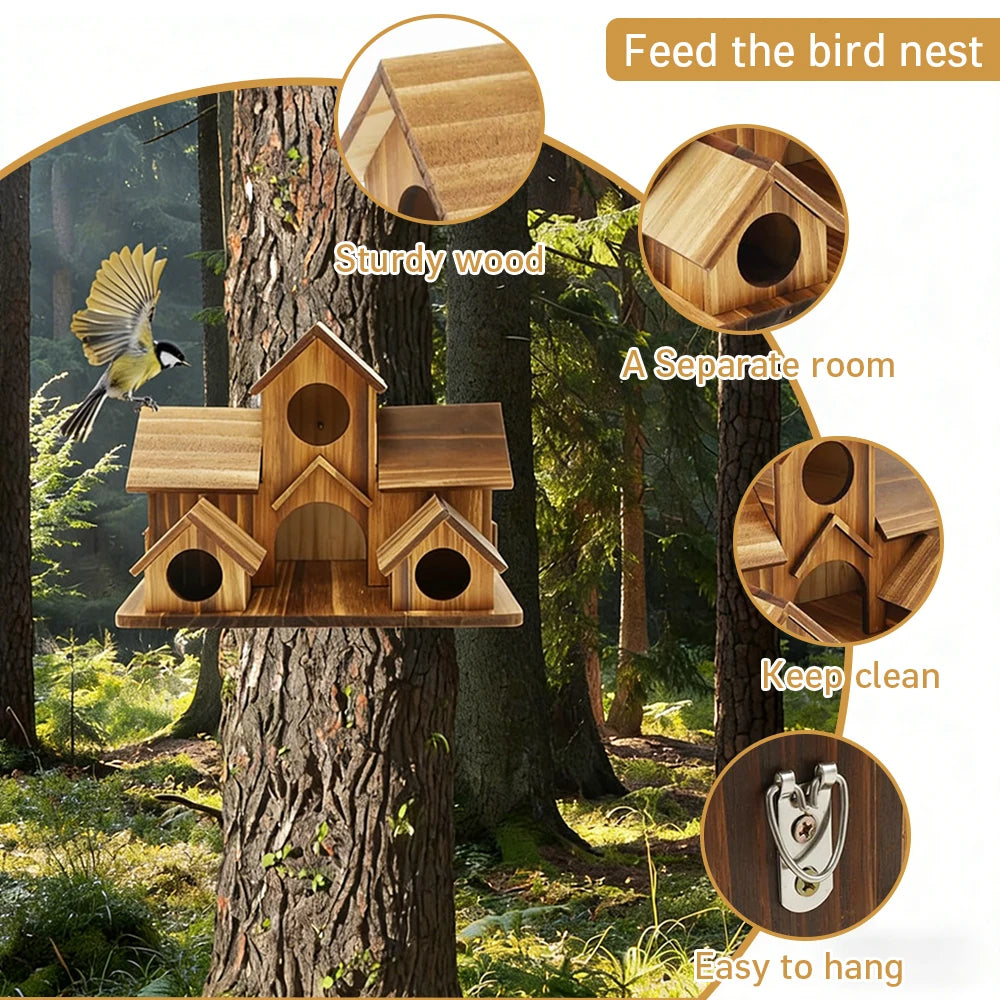 Outdoor Wooden Castle Birdhouse 5-Hole Garden Decor | StriveRiseFit