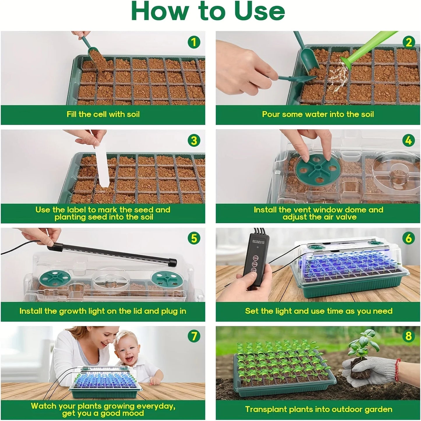 Seed Germination Tray Kit | 4 Sets | 160 Cells | LED Grow Lights & Timer | StriveRiseFit