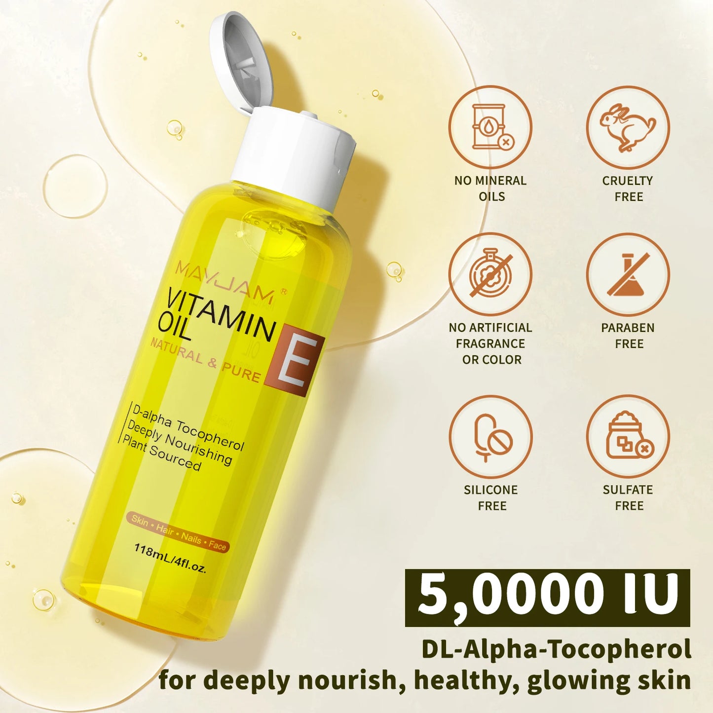 MAYJAM Vitamin E Oil | Pure Plant-Based, 50,000 IU, Face, Skin, Hair & Nails, 118ml & 236ml